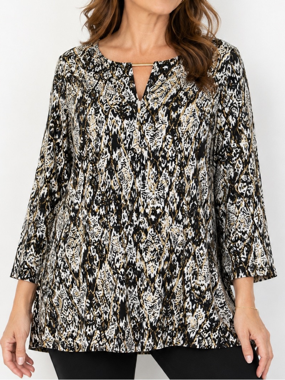 IMAN 3X Black White Abstract Print Stretch Tunic Top Gold